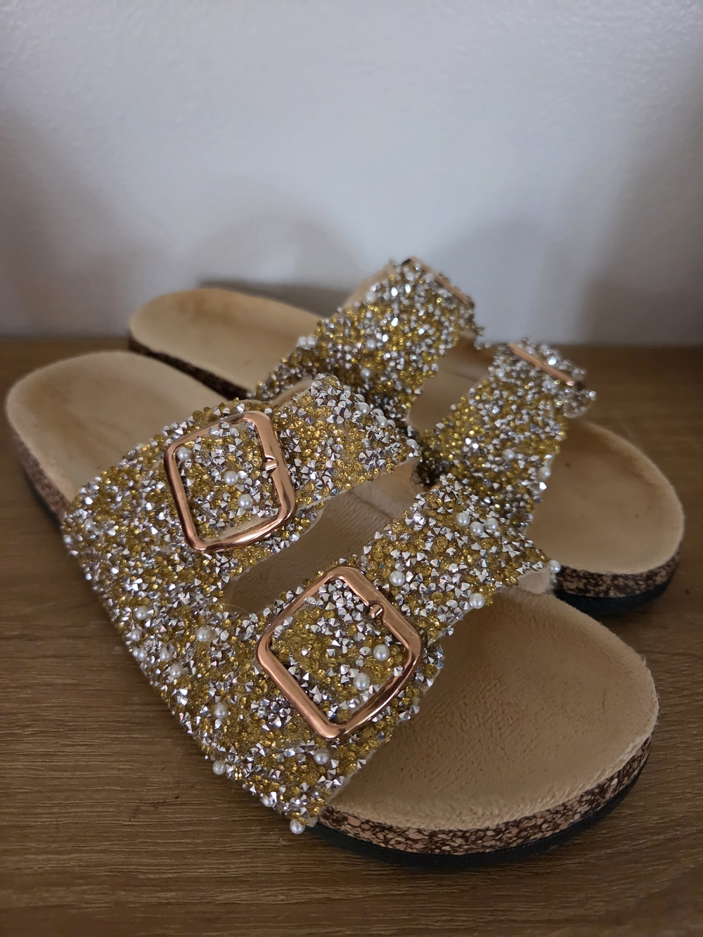 Crystal-Embellished Double Buckle Slide Sandals - Gold